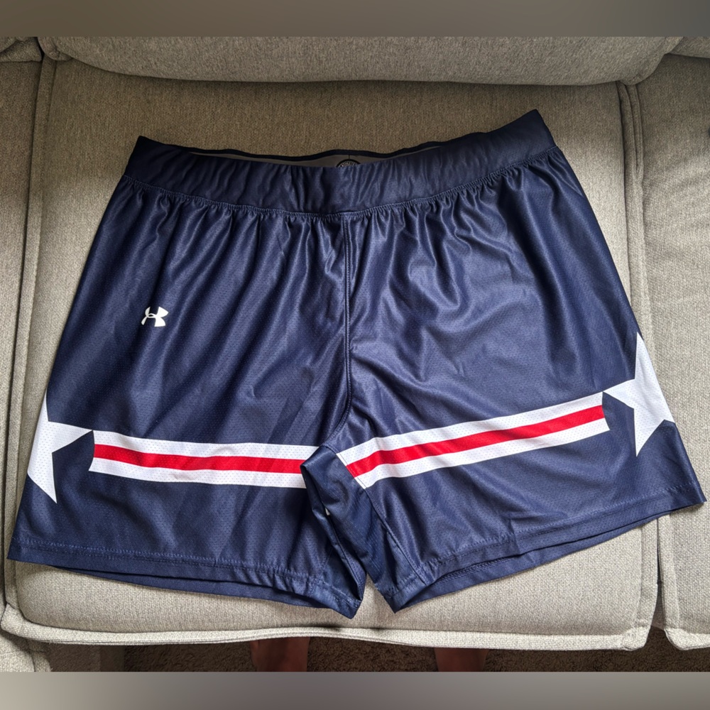 Under Armour Navy Blue Athletic Shorts with Red and White Stripes